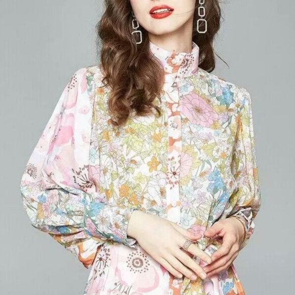 TDDPSSHDP A-Line Mini Dress Multi Floral Sheer Oversized Pullover Tunic Preppy - Picture 2 of 11